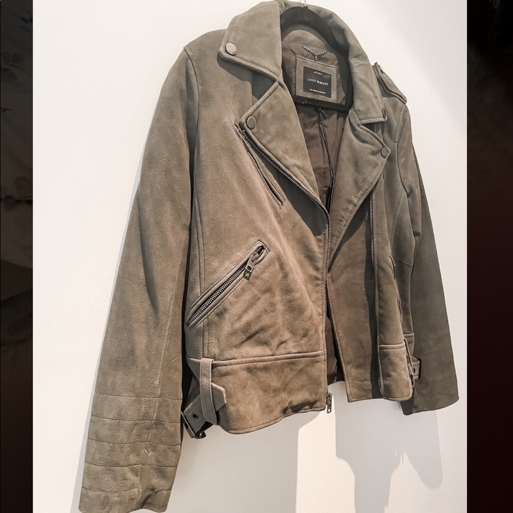 NWT Lucky Brand Women’s Leather Jacket Sage Green Suede Motorcycle (M)